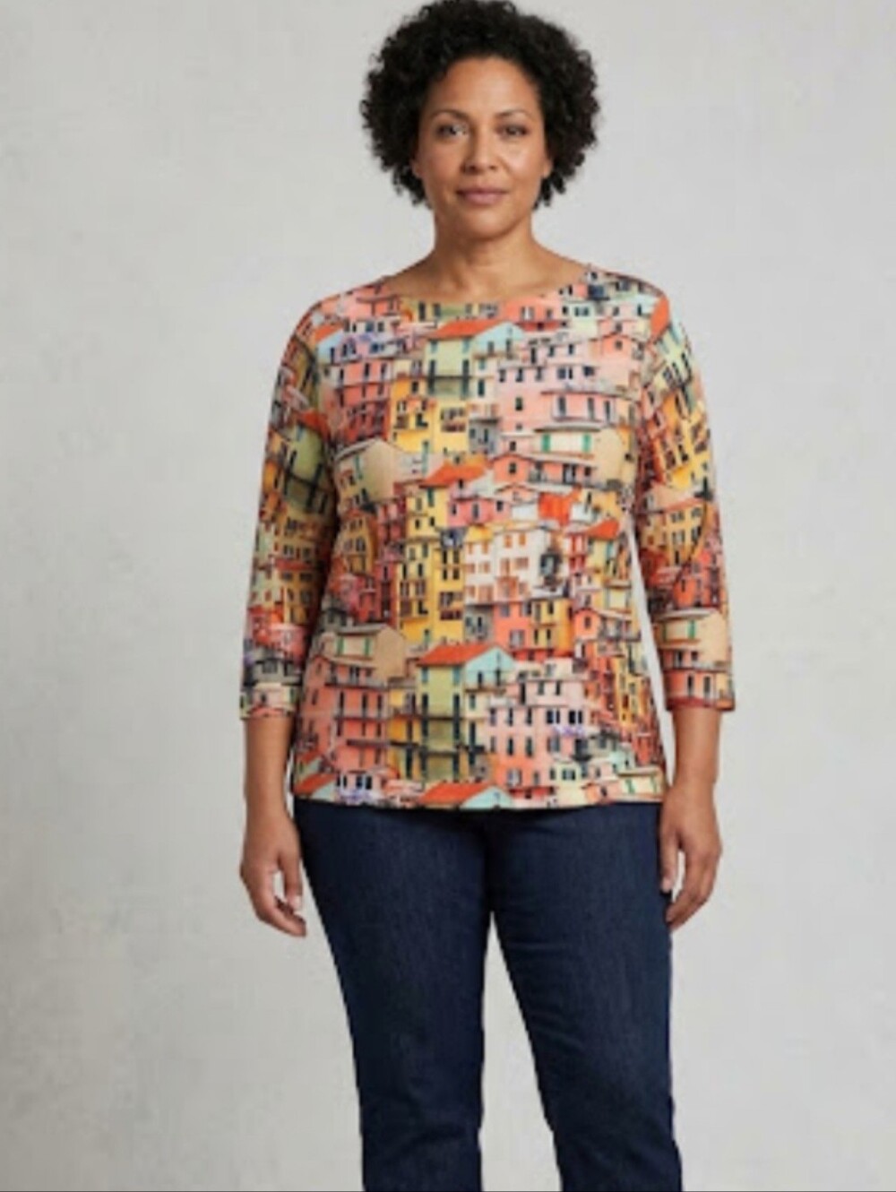 Peck & Peck Italian coast cityscape Graphic Print Top XL 3/4 Sleeves NWT